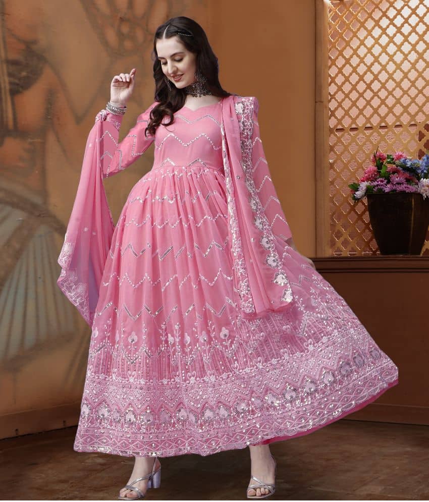 kedar fab Pink Anarkali Georgette Women's Stitched Ethnic Gown ( Pack of 1 ) - Unstitched Fabrics | Buy online on ZillyBuy