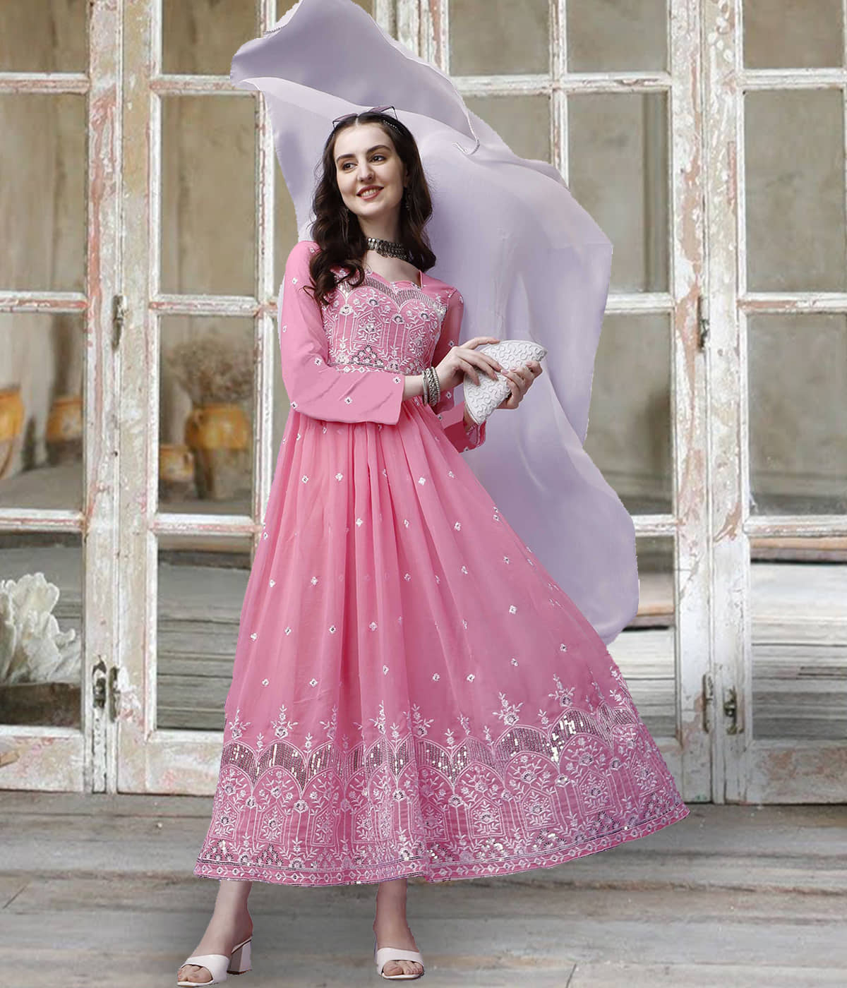 kedar fab Pink Anarkali Georgette Women's Stitched Ethnic Gown ( Pack of 1 ) - Unstitched Fabrics | Buy online on ZillyBuy
