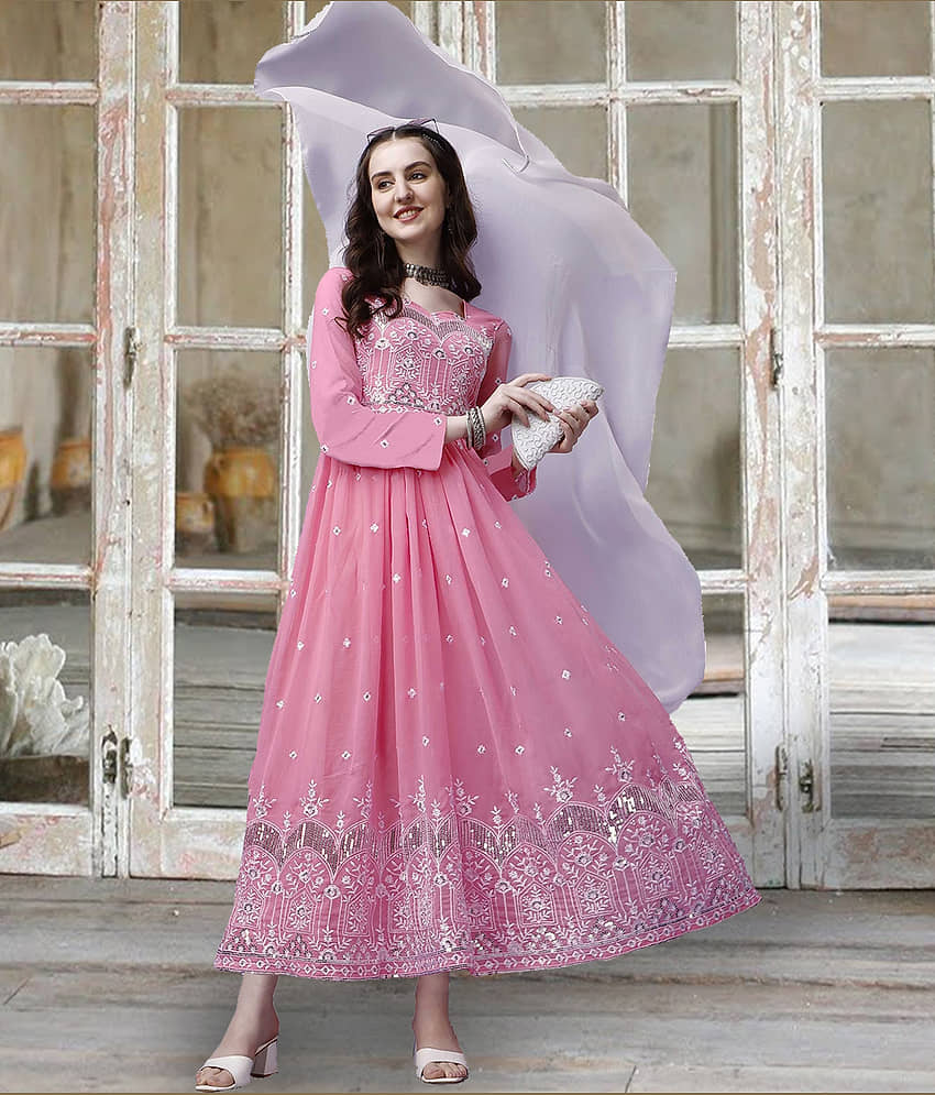kedar fab Pink Anarkali Georgette Women's Stitched Ethnic Gown ( Pack of 1 ) - Unstitched Fabrics | Buy online on ZillyBuy