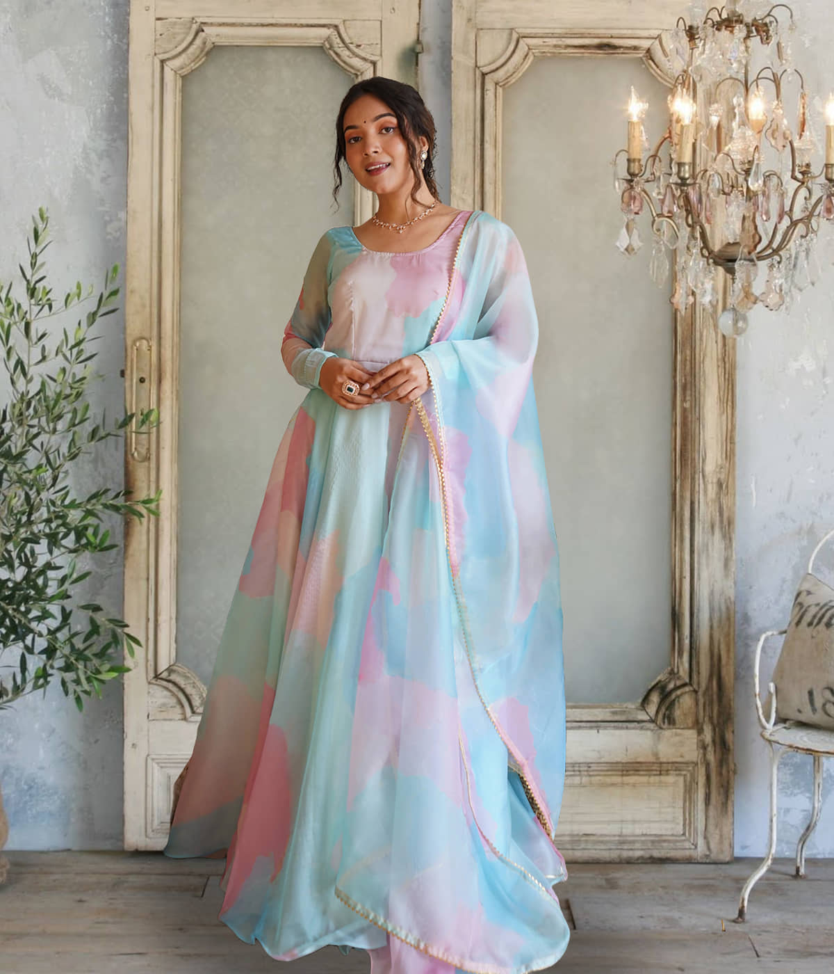 kedar fab Turquoise Anarkali Georgette Women's Stitched Ethnic Gown ( Pack of 1 ) - Unstitched Fabrics | Buy online on ZillyBuy
