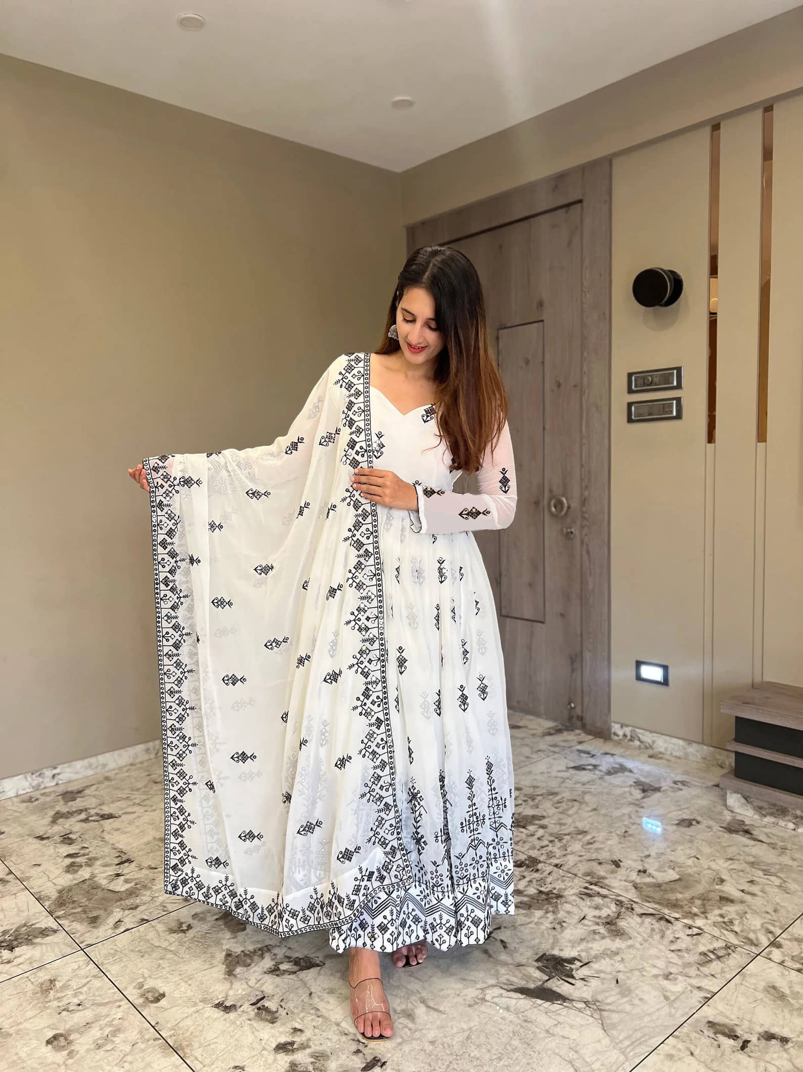 kedar fab White Anarkali Georgette Women's Stitched Ethnic Gown ( Pack of 1 ) - Unstitched Fabrics | Buy online on ZillyBuy