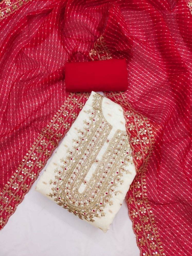     			ALSHOP Unstitched Chanderi Embroidered Dress Material - White ( Pack of 1 )