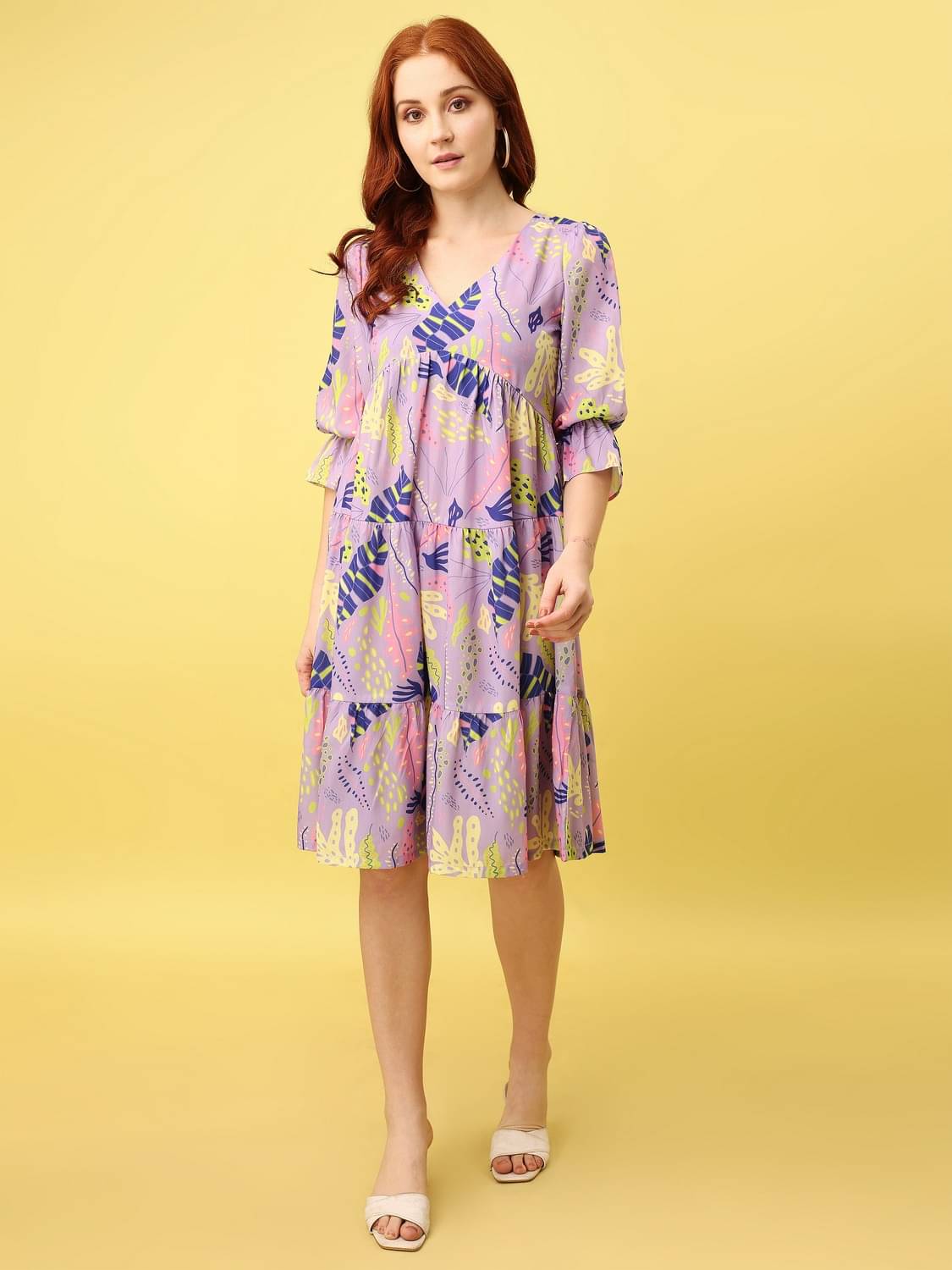     			Amarasha Women Cotton Blend Printed Fit & Flare Dress ( Purple )