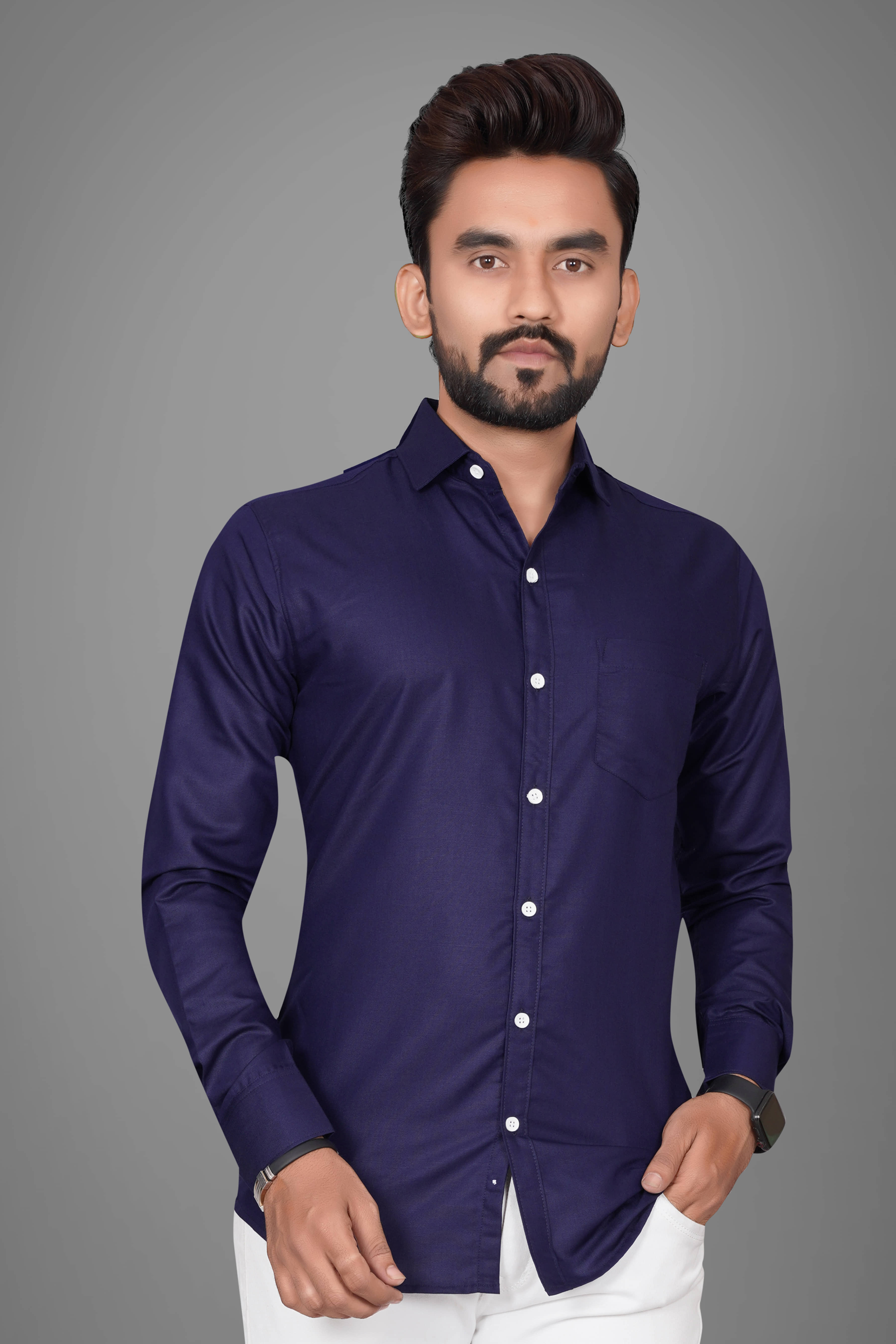 BOUGHT FIRST Cotton Blend Regular Fit Full Sleeves Men's Formal Shirt - Navy ( Pack of 1 )