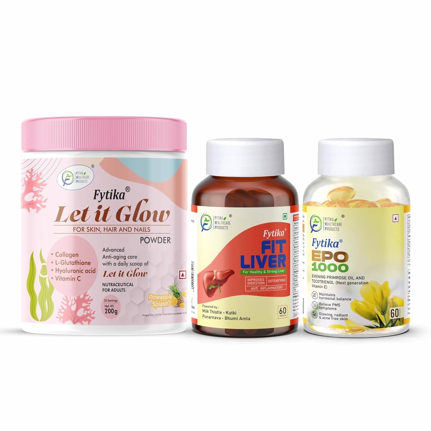 Fytika Let it Glow Pineapple, Collagen Powder-200G + Fytika Fit Liver (Liver Detox Supplement)-60 Tabs + Fytika EPO1000 Evening Primrose Oil-60 Softgel     			Fytika Let it Glow Pineapple, Collagen Powder-200G + Fytika Fit Liver (Liver Detox Supplement)-60 Tabs + Fytika EPO1000 Evening Primrose Oil-60 Softgel
