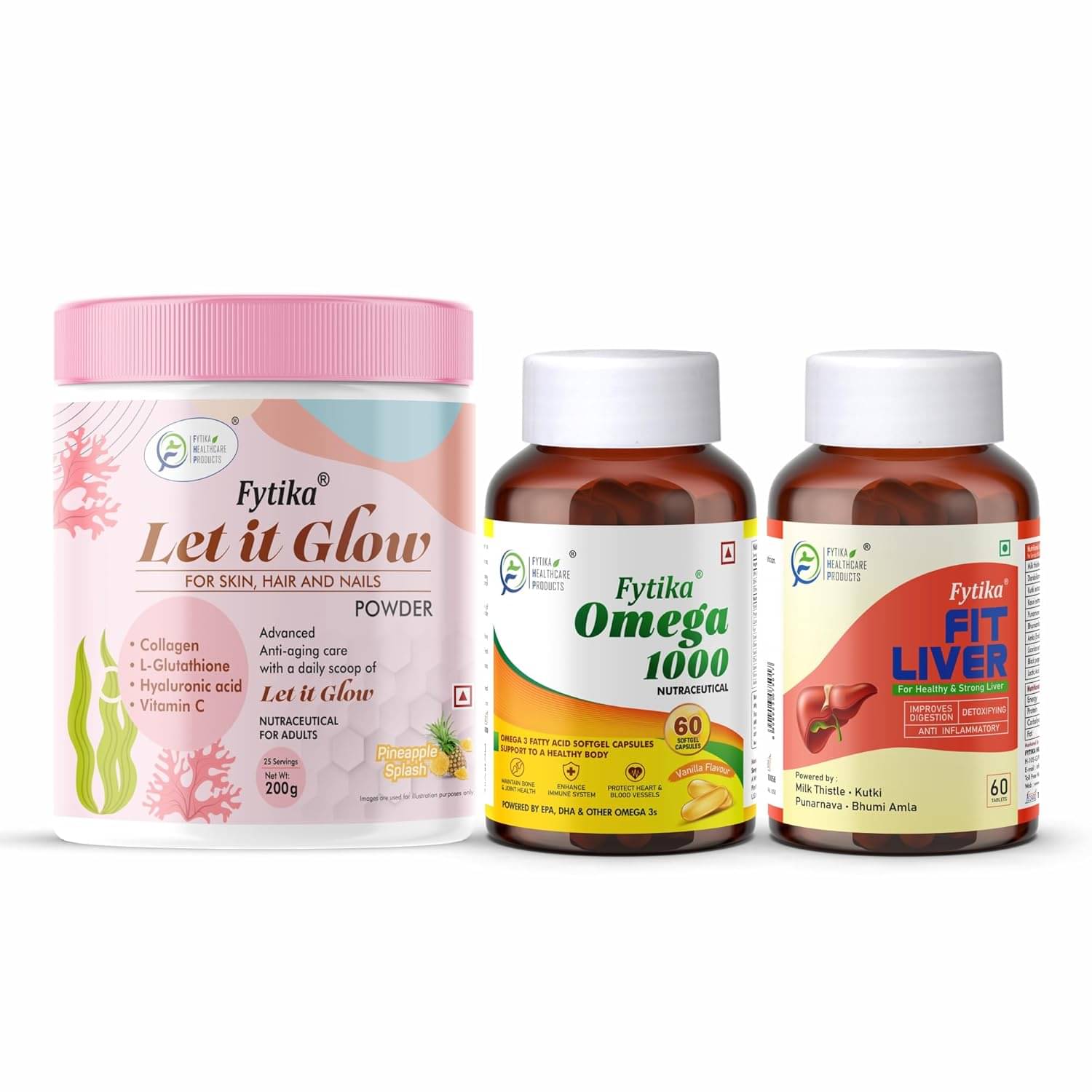 Fytika Let it Glow Pineapple, Collagen Powder-200G + Fytika Omega1000 (Omega3 Fatty acids)-60 Caps + Fytika Fit Liver (Liver Detox Supplement)-60 Tabs     			Fytika Let it Glow Pineapple, Collagen Powder-200G + Fytika Omega1000 (Omega3 Fatty acids)-60 Caps + Fytika Fit Liver (Liver Detox Supplement)-60 Tabs