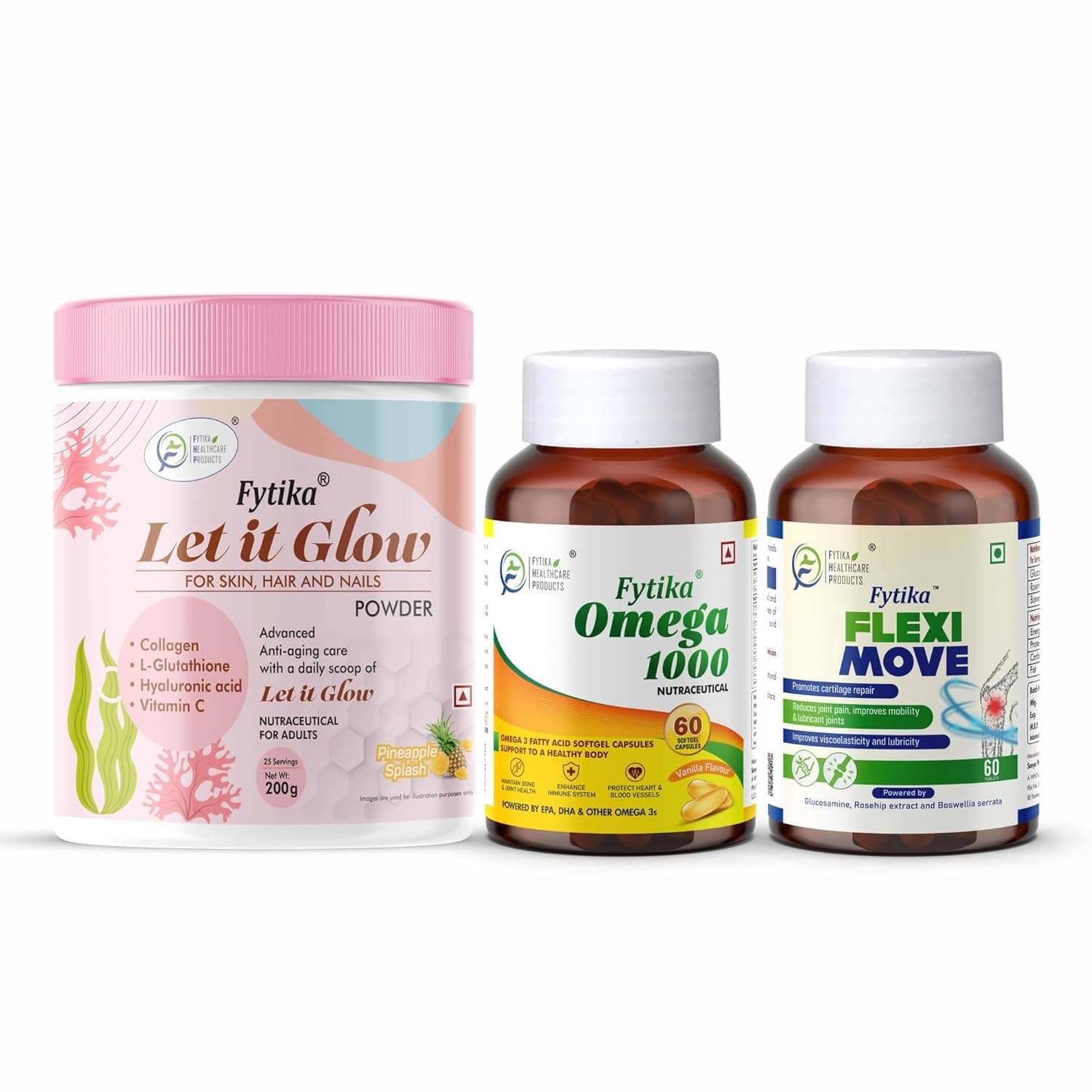 Fytika Let it Glow Pineapple, Collagen Powder-200G + Fytika Omega1000 (Omega3 Fatty acids)-60 Caps + Fytika Flexi Move| Glucosamine, Rosehip Powder extract-60 Tabs Fytika Let it Glow Pineapple, Collagen Powder-200G + Fytika Omega1000 (Omega3 Fatty acids)-60 Caps + Fytika Flexi Move| Glucosamine, Rosehip Powder extract-60 Tabs