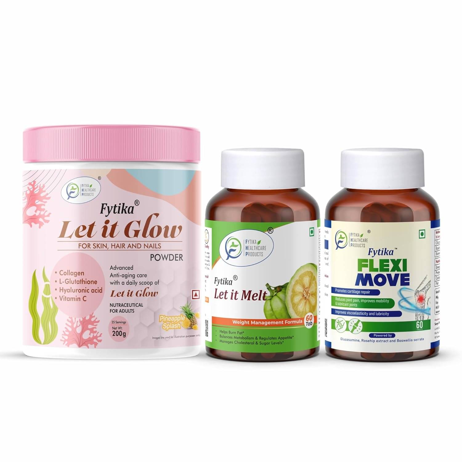     			Fytika Let it Glow Pineapple, Collagen Powder-200G + Fytika Let it melt with Garcinia Cambogia, Green coffee-60 Tabs + Fytika Flexi Move| Glucosamine, Rosehip Powder extract-60 Tabs