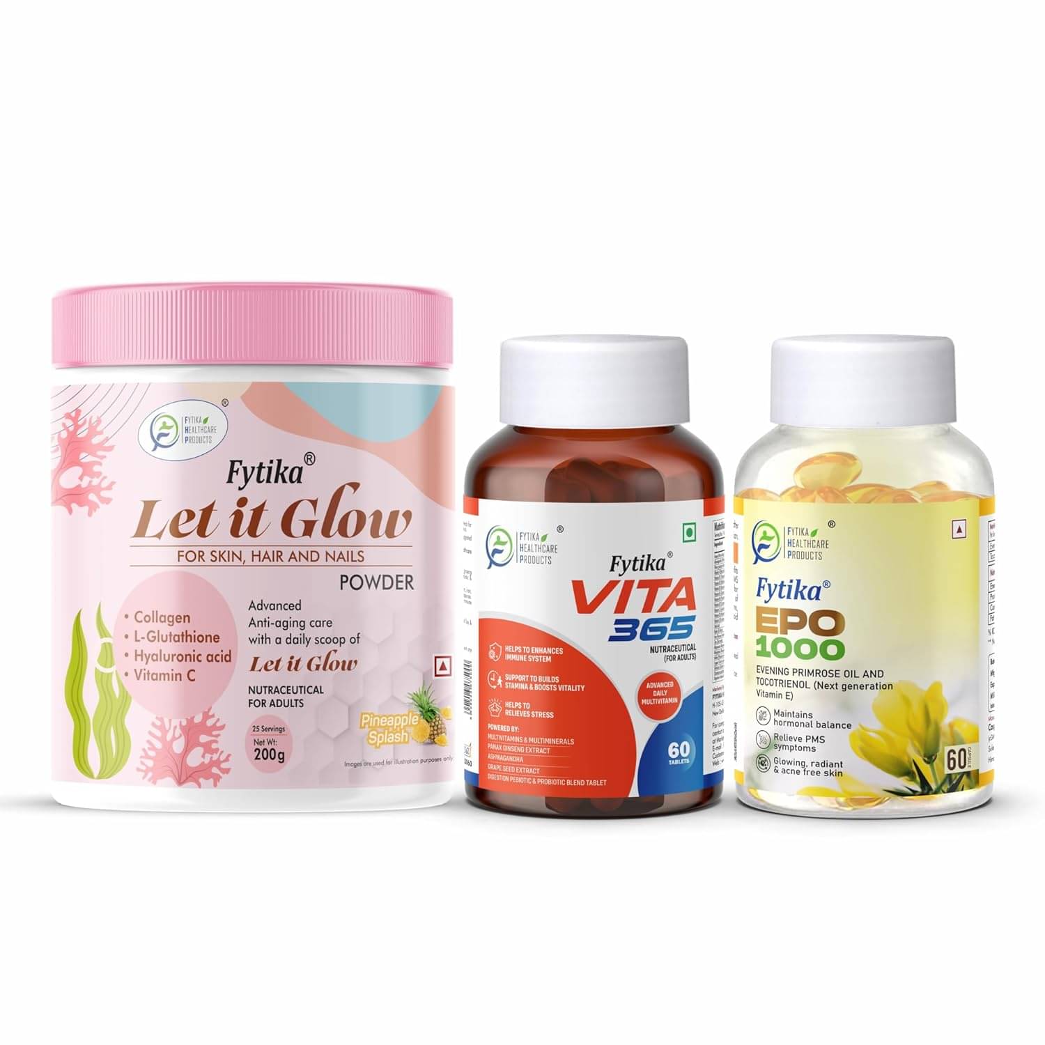 Fytika Let it Glow Pineapple, Collagen Powder-200G + Fytika Vita 365, 3 in 1 Multivitamin-60 Tabs + Fytika EPO1000 Evening Primrose Oil-60 Softgel Fytika Let it Glow Pineapple, Collagen Powder-200G + Fytika Vita 365, 3 in 1 Multivitamin-60 Tabs + Fytika EPO1000 Evening Primrose Oil-60 Softgel