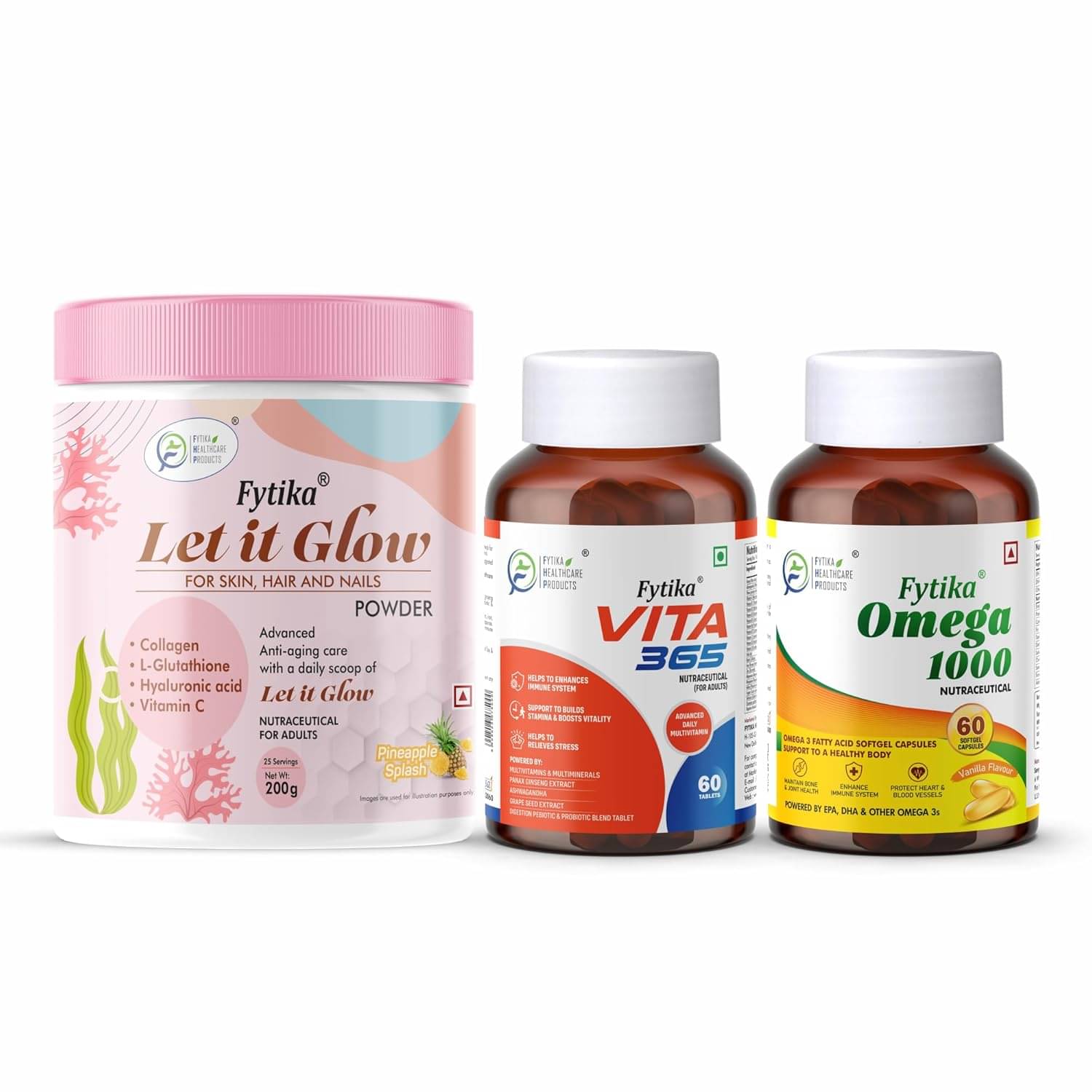    			Fytika Let it Glow Pineapple, Collagen Powder-200G + Fytika Vita 365, 3 in 1 Multivitamin-60 Tabs + Fytika Omega1000 (Omega3 Fatty acids)-60 Caps