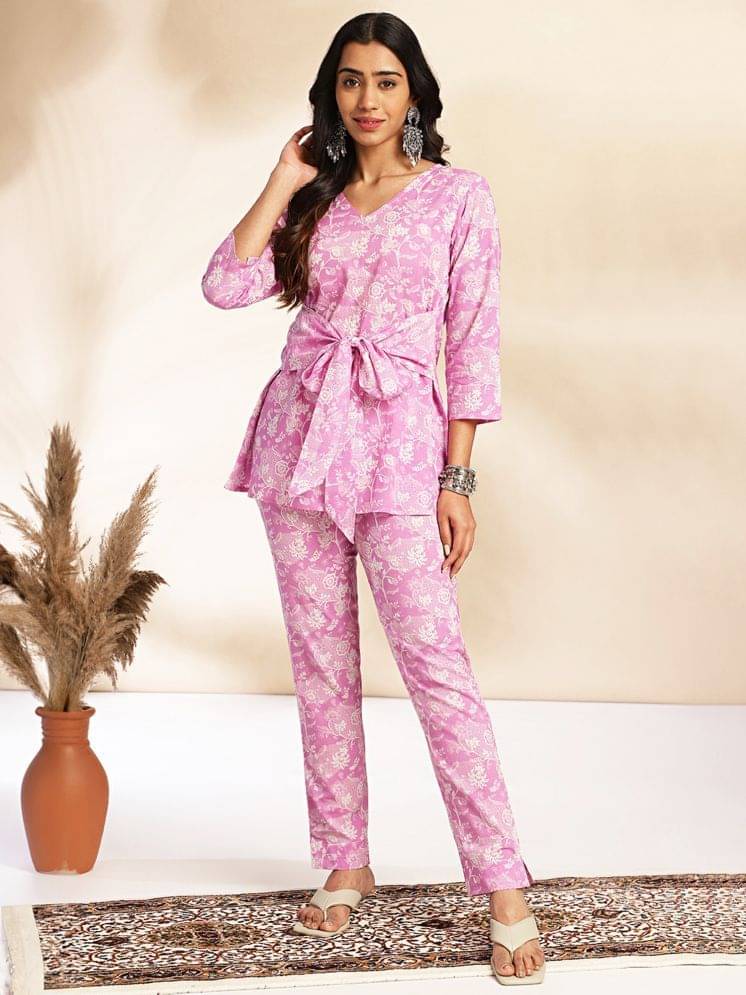     			Janasya Women Cotton Printed A-line Kurti With Pants ( Purple )