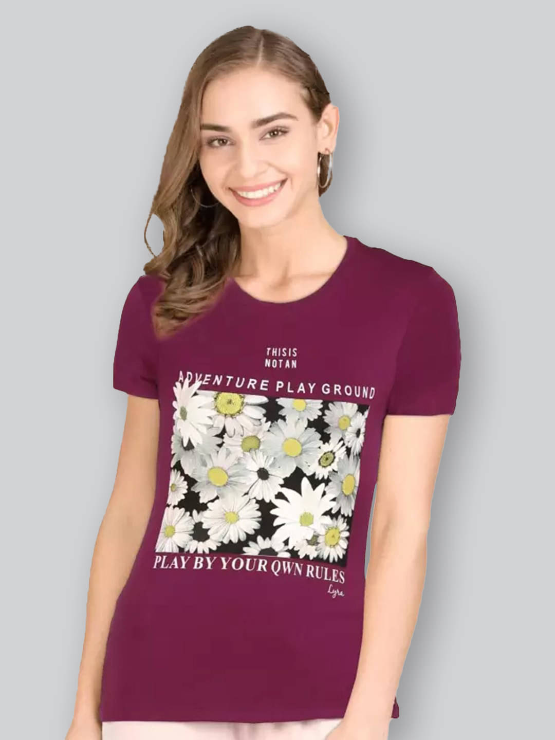 LYRA Women Cotton Printed Regular Fit Round Neck T-Shirt ( Magenta )     			LYRA Women Cotton Printed Regular Fit Round Neck T-Shirt ( Magenta )