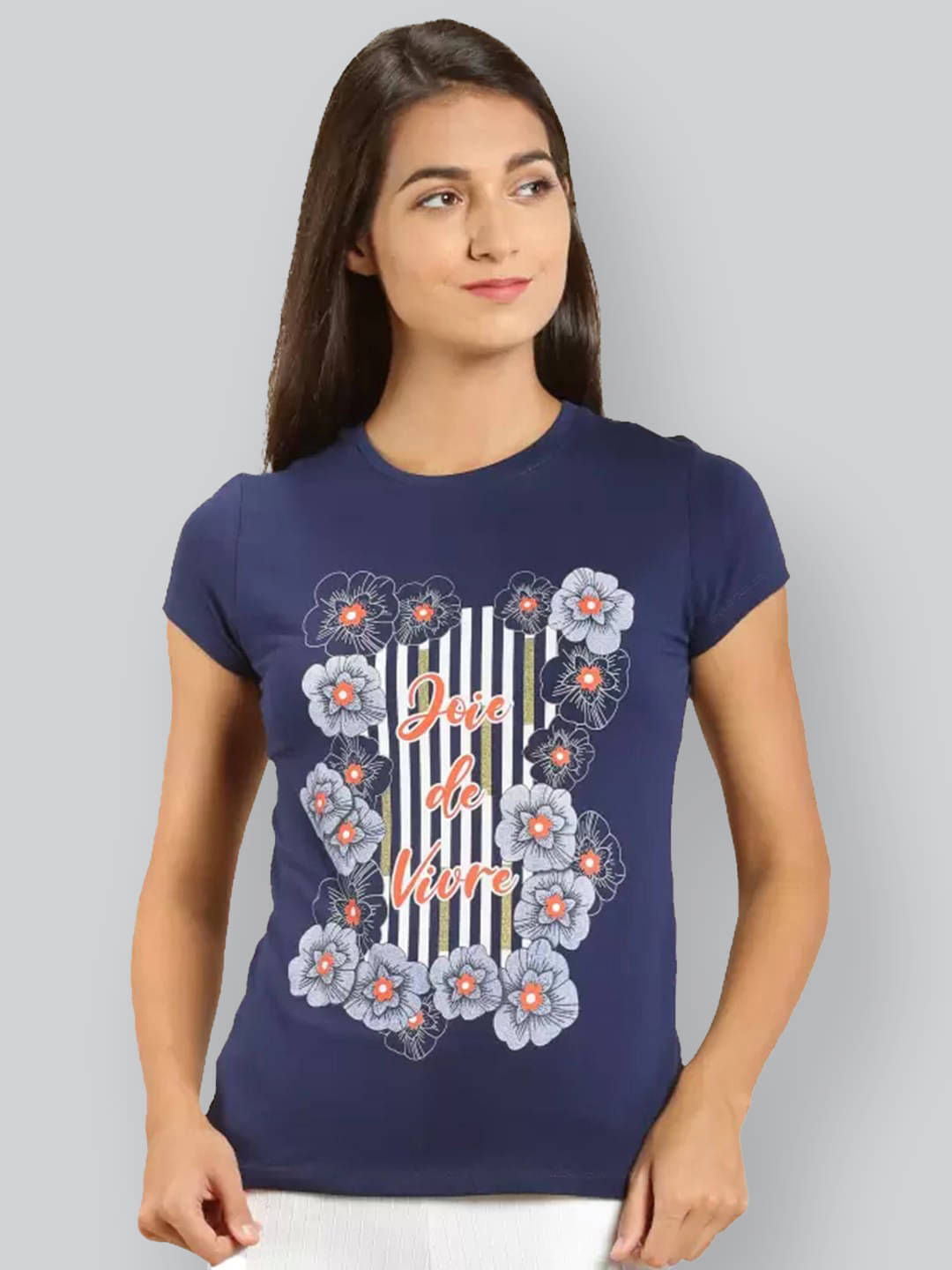 LYRA Women Cotton Printed Regular Fit Round Neck T-Shirt ( Navy ) LYRA Women Cotton Printed Regular Fit Round Neck T-Shirt ( Navy )
