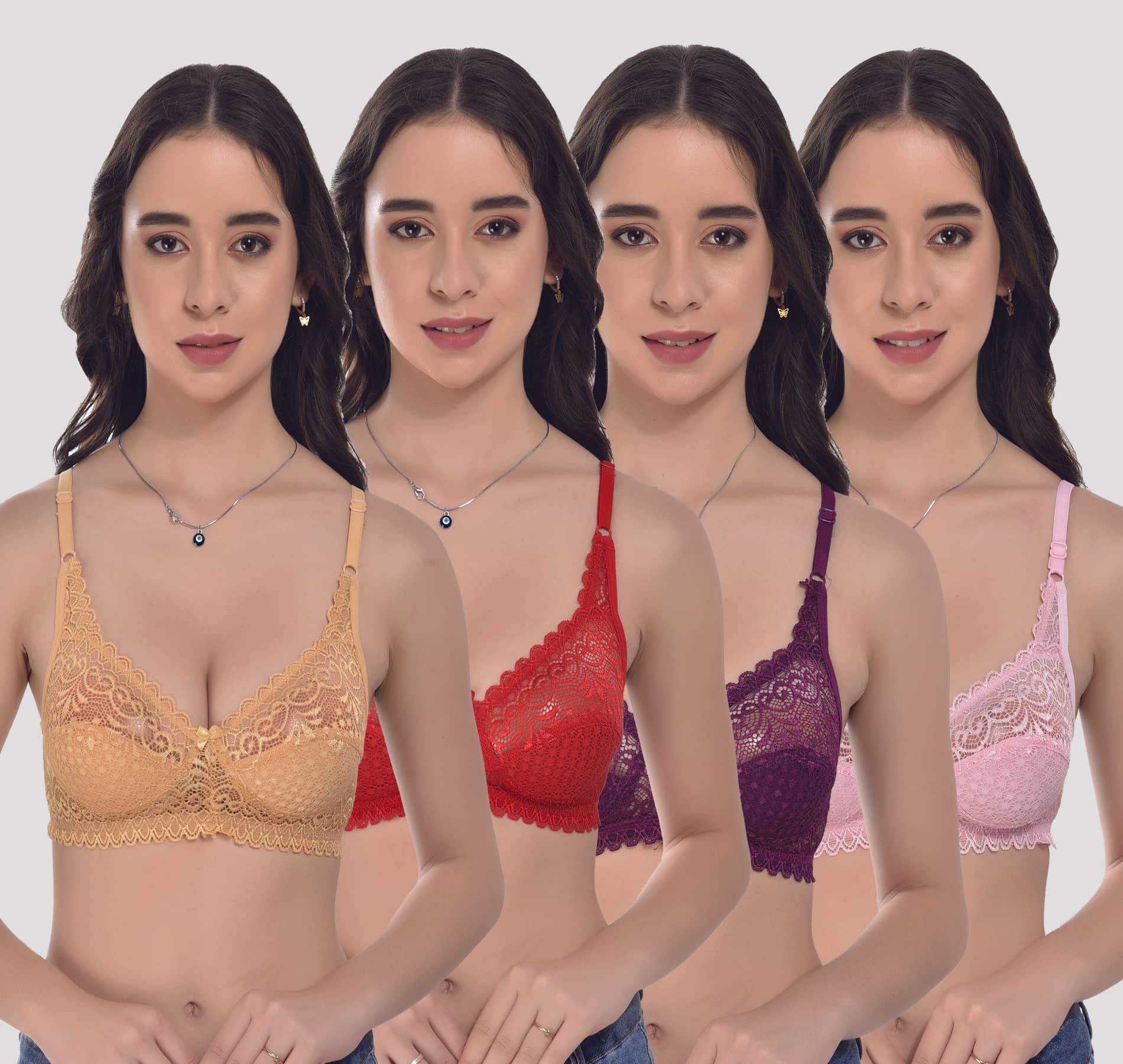 LadySoft Pack of 4 Lace Non Padded Women's Everyday Bra ( Multicolor )
