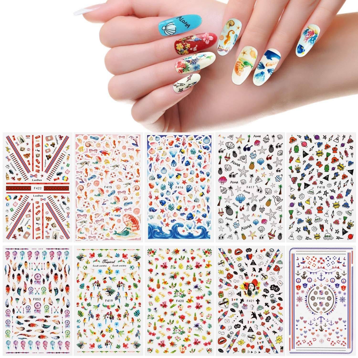 Lenon Mixed Design 10 Sheets Stickers Nail Stickers for Womens and Girls 10 g Lenon Mixed Design 10 Sheets Stickers Nail Stickers for Womens and Girls 10 g
