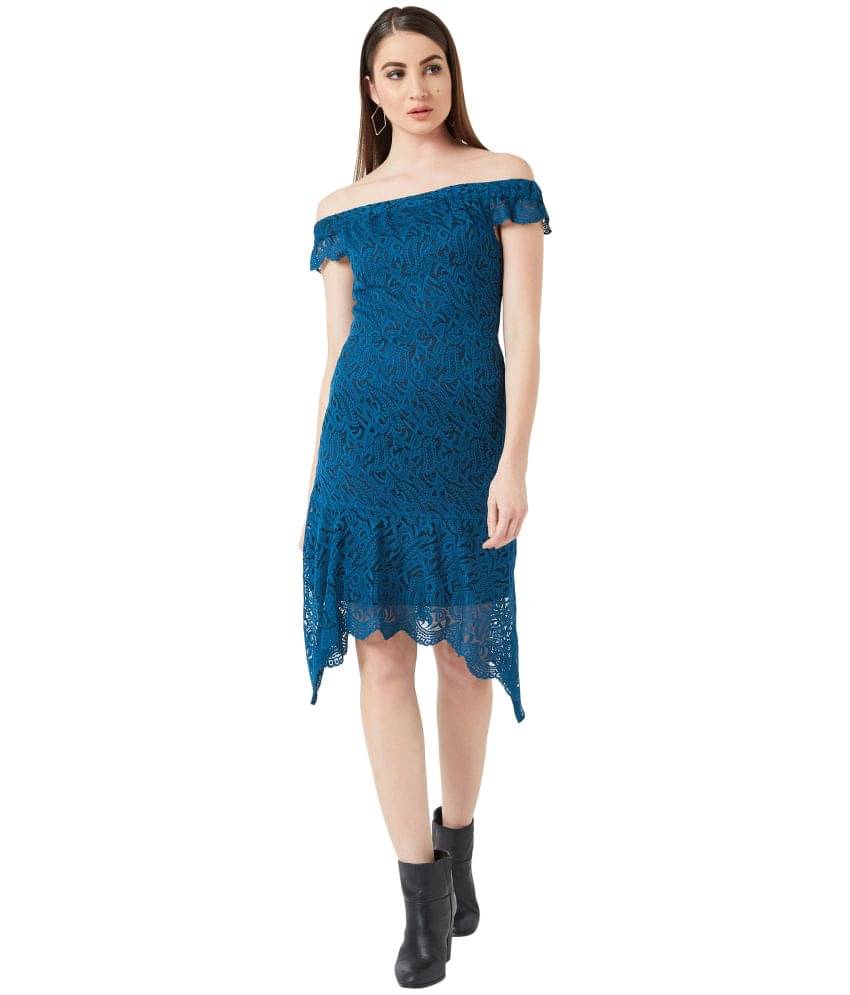 Miss Chase Lace Self Design Midi Women's Off Shoulder Dress - Blue ( Pack of 1 ) Miss Chase Lace Self Design Midi Women's Off Shoulder Dress - Blue ( Pack of 1 )