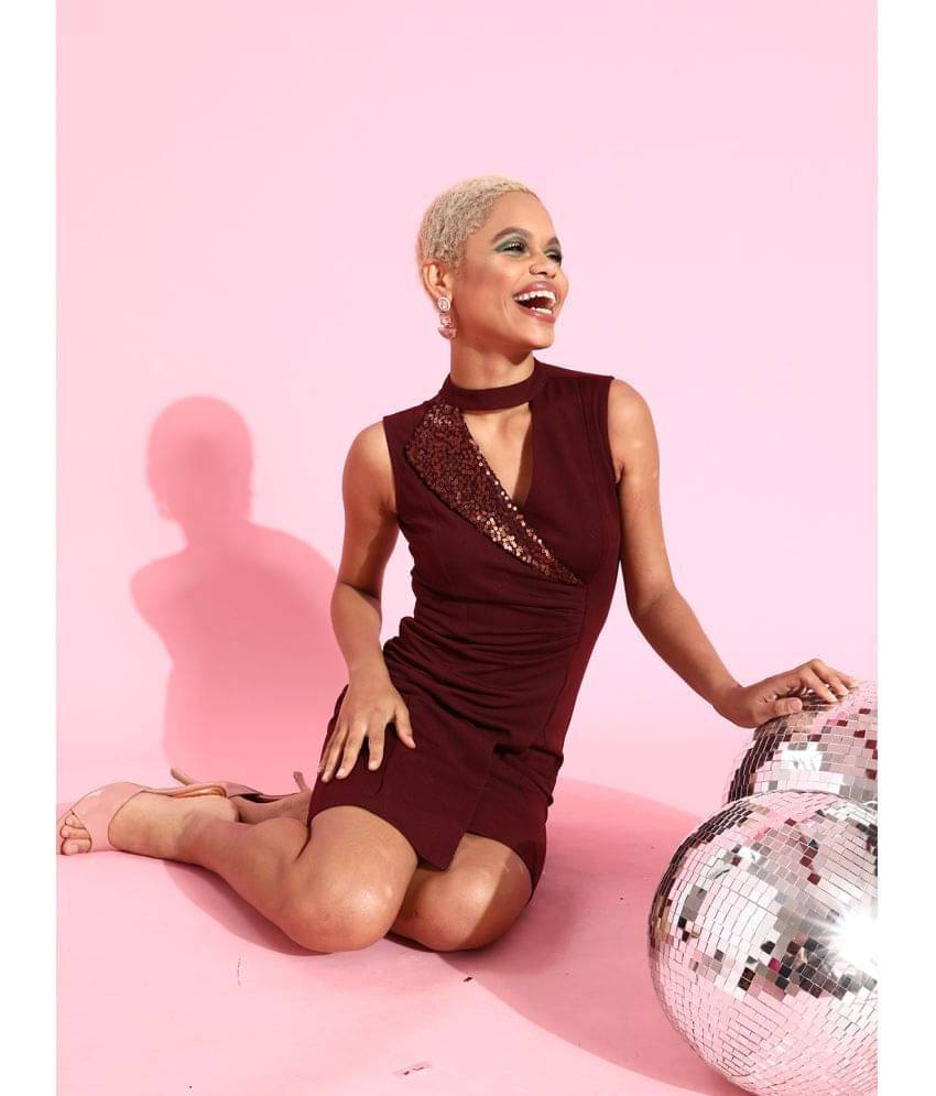     			Miss Chase Polyester Embellished Above Knee Women's Bodycon Dress - Wine ( Pack of 1 )