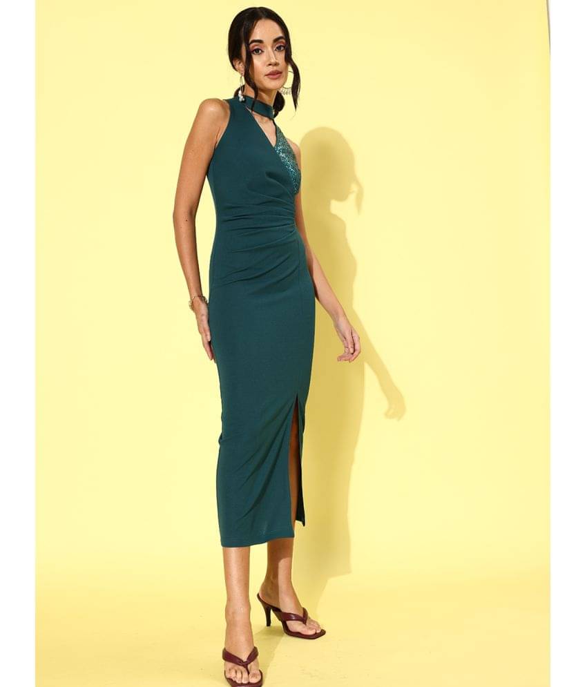     			Miss Chase Women Polyester Embellished Side Slit Dress ( Green )