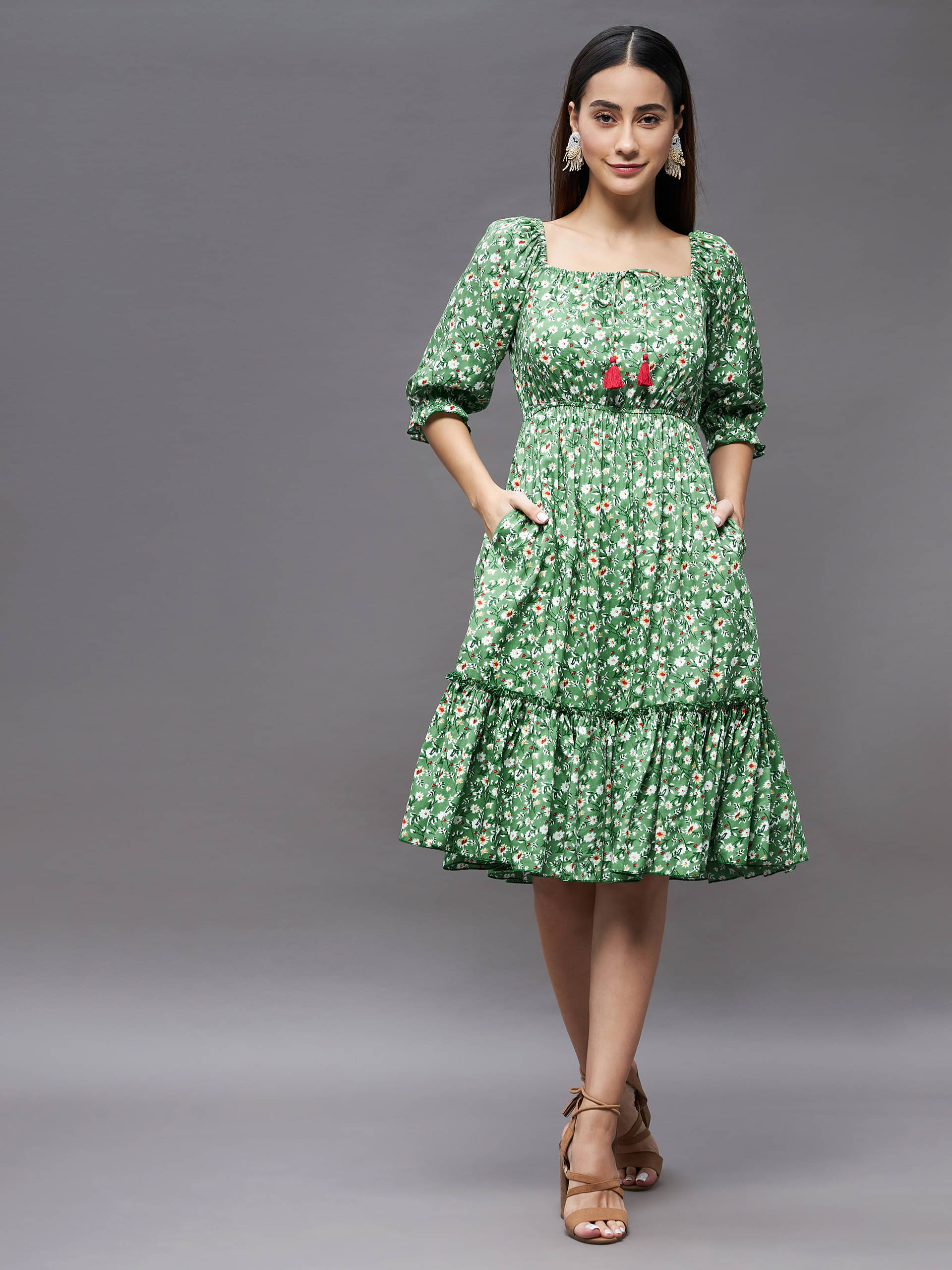 Miss Chase Women Rayon Printed Fit & Flare Dress ( Green ) Miss Chase Women Rayon Printed Fit & Flare Dress ( Green )