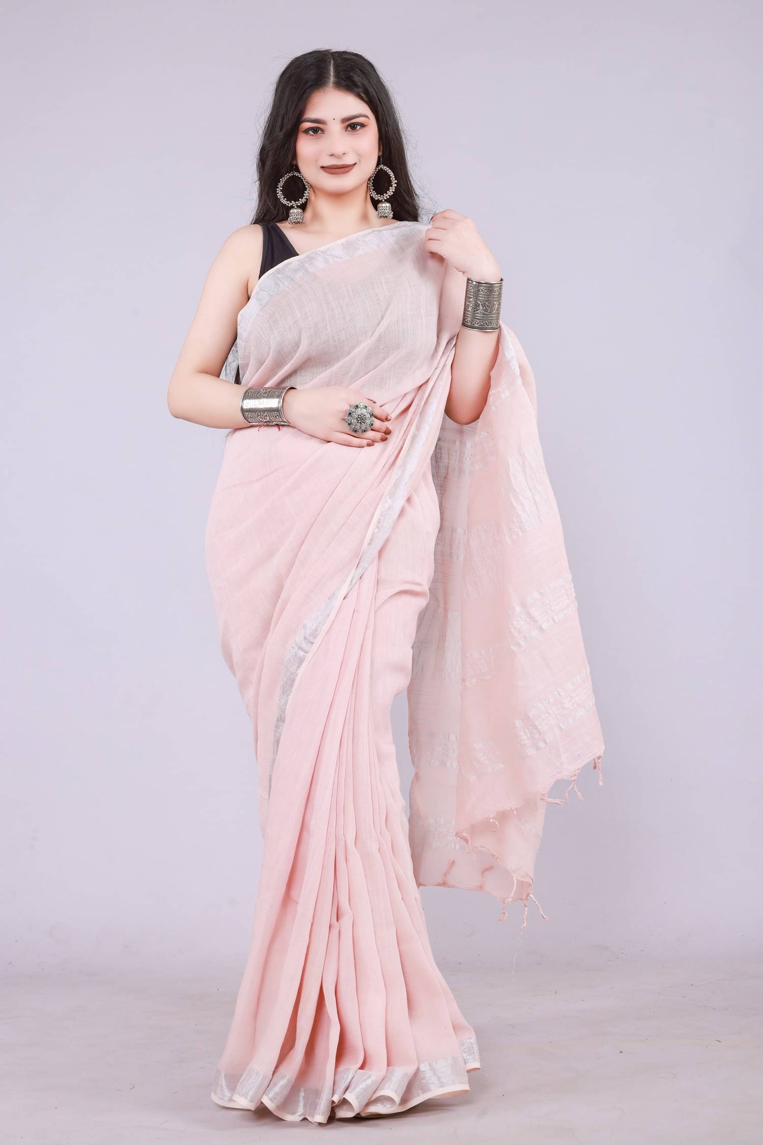     			NOITAERCPR Cotton Solid Saree With Unstitched Blouse Piece ( Pink )