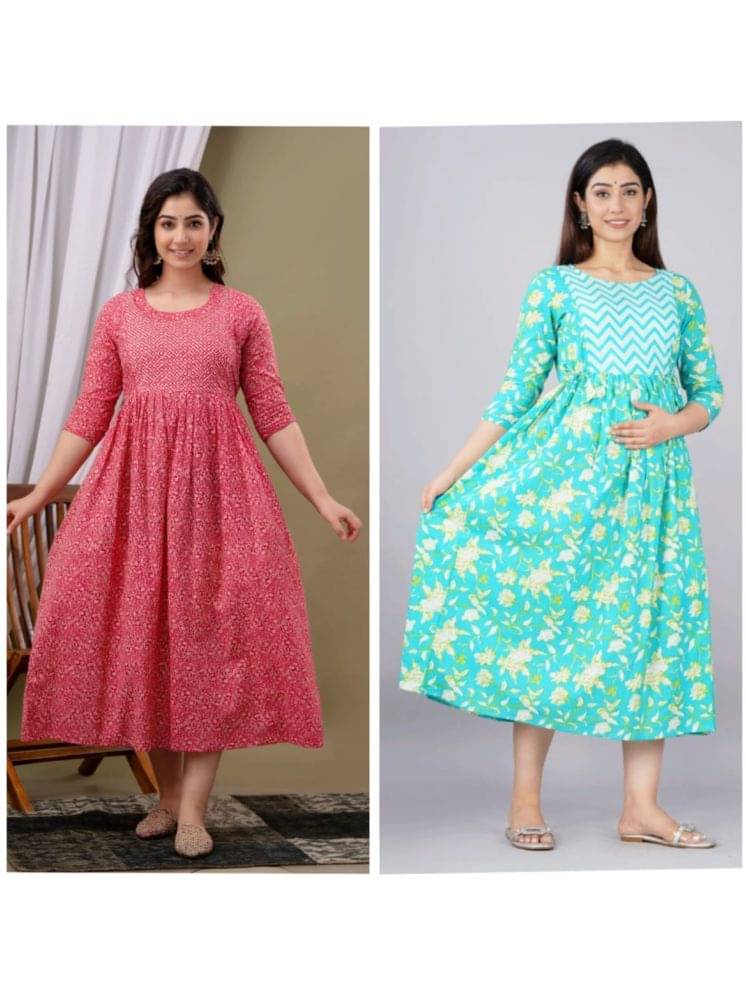 Nevisha Style Multi Color Cotton Maternity Kurta Pack of 2     			Nevisha Style Multi Color Cotton Maternity Kurta Pack of 2