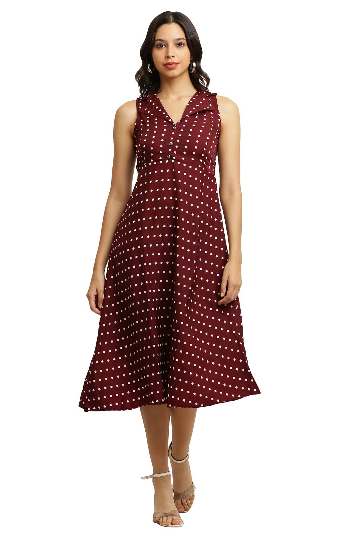     			READYON Women Crepe Printed A-line Dress ( Maroon )