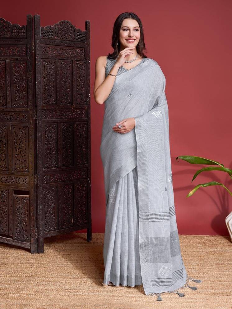 Rekha Maniyar Linen Embroidered Saree With Unstitched Blouse Piece ( Grey ) Rekha Maniyar Linen Embroidered Saree With Unstitched Blouse Piece ( Grey )