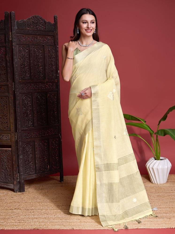     			Rekha Maniyar Linen Embroidered Saree With Unstitched Blouse Piece ( Yellow )