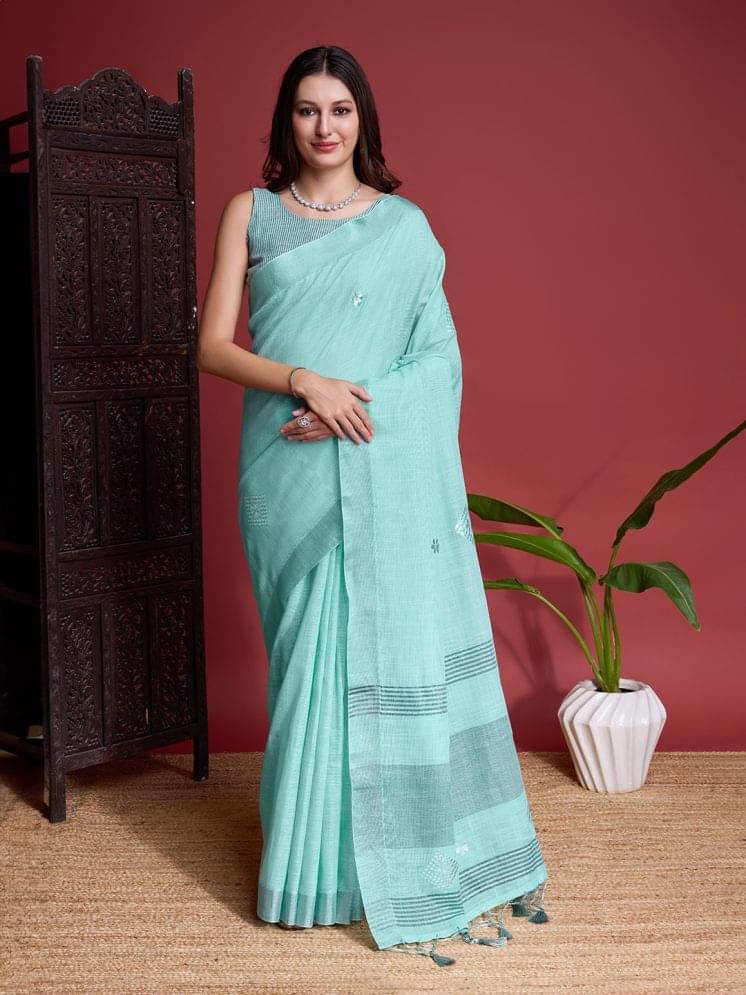 Rekha Maniyar Linen Embroidered Saree With Unstitched Blouse Piece ( Teal )     			Rekha Maniyar Linen Embroidered Saree With Unstitched Blouse Piece ( Teal )