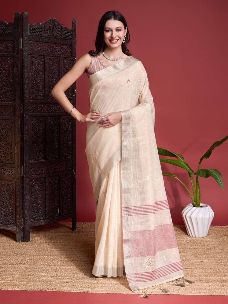 Rekha Maniyar Linen Embroidered Saree With Unstitched Blouse Piece ( Beige )     			Rekha Maniyar Linen Embroidered Saree With Unstitched Blouse Piece ( Beige )