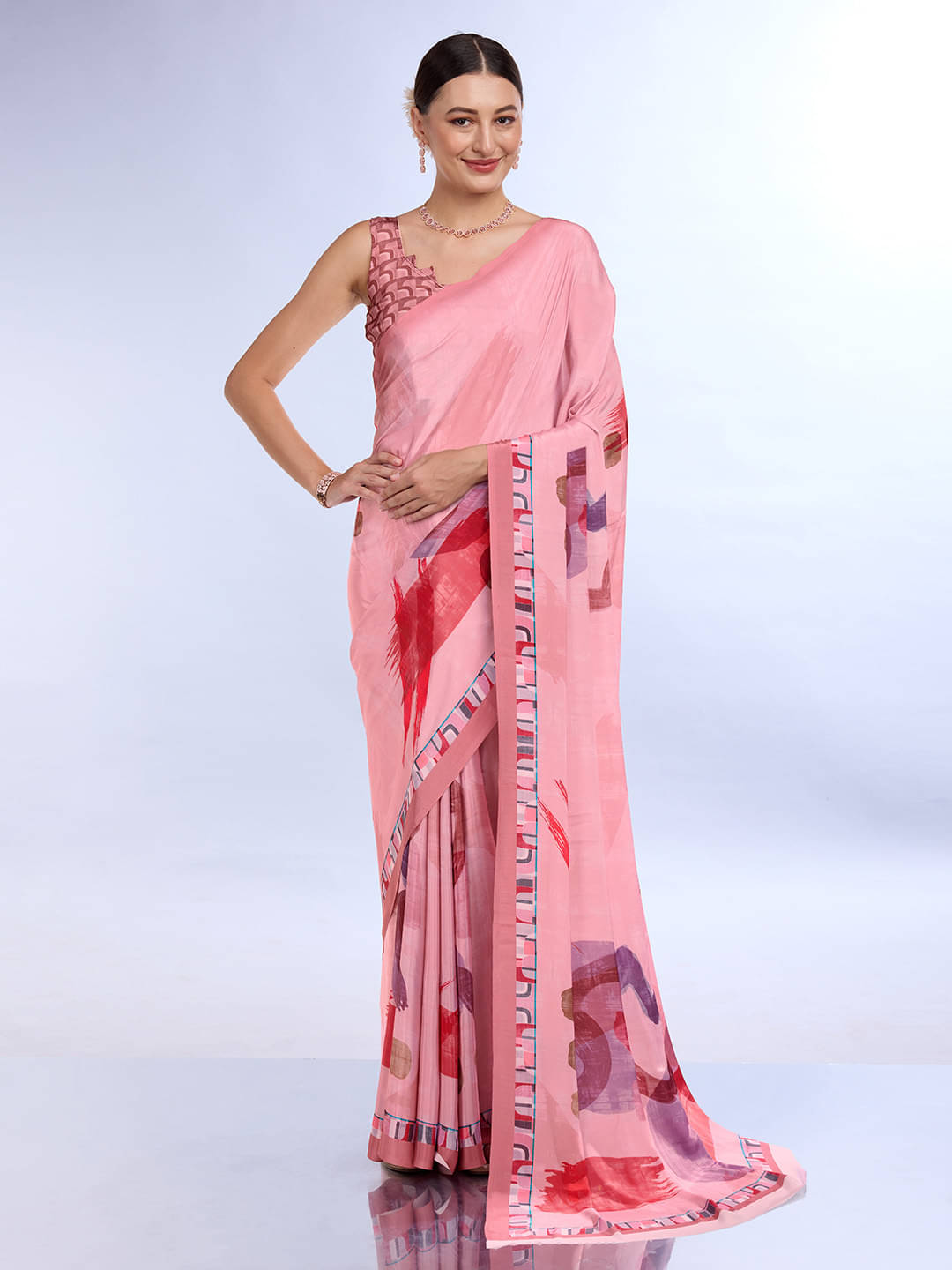 Rekha Maniyar Satin Printed Saree With Unstitched Blouse Piece ( Pink )     			Rekha Maniyar Satin Printed Saree With Unstitched Blouse Piece ( Pink )