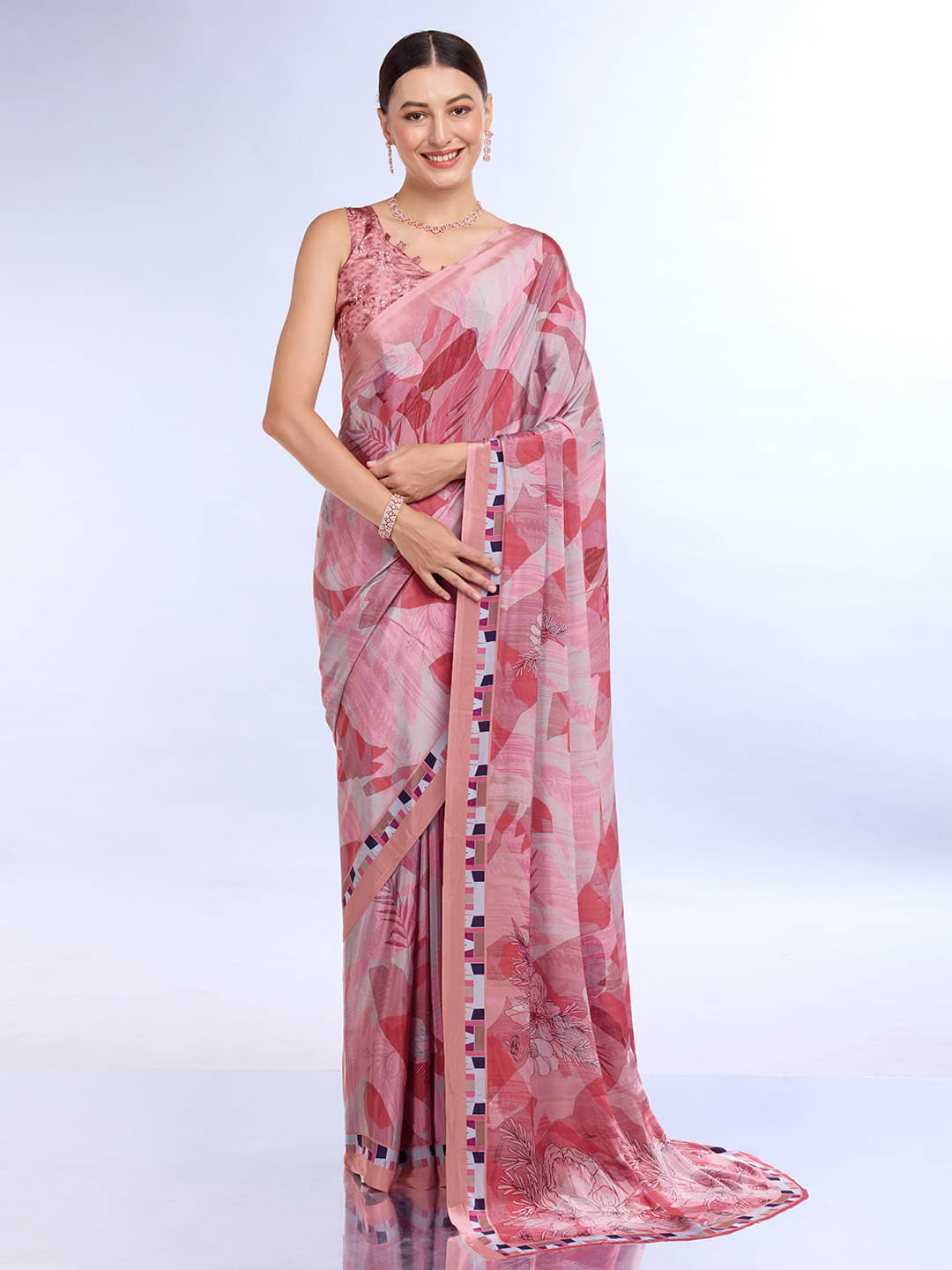 Rekha Maniyar Satin Printed Saree With Unstitched Blouse Piece ( Rani )     			Rekha Maniyar Satin Printed Saree With Unstitched Blouse Piece ( Rani )
