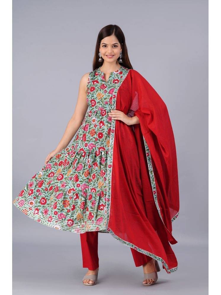     			SUKTI Rayon Printed Kurti With Pants Women's Stitched Salwar Suit - Green ( Pack of 1 )