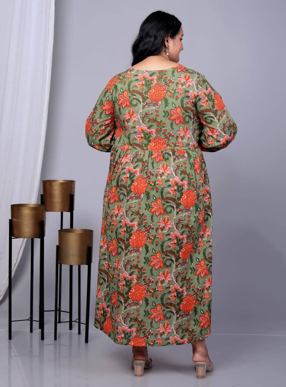 SUKTI Women Rayon Printed Fit & Flare Dress ( Green )