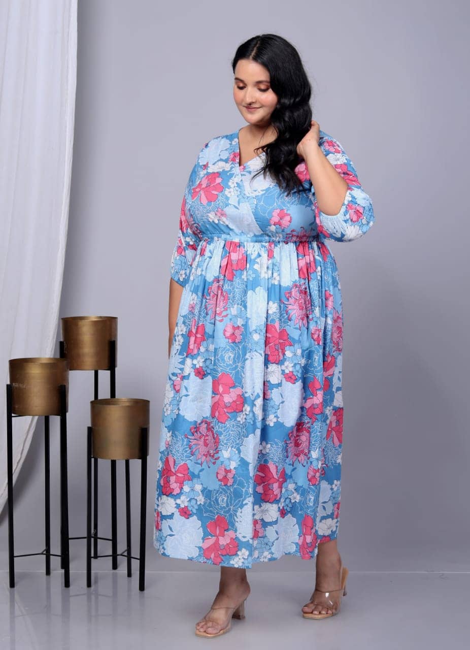 SUKTI Women Rayon Printed Fit & Flare Dress ( Blue )
