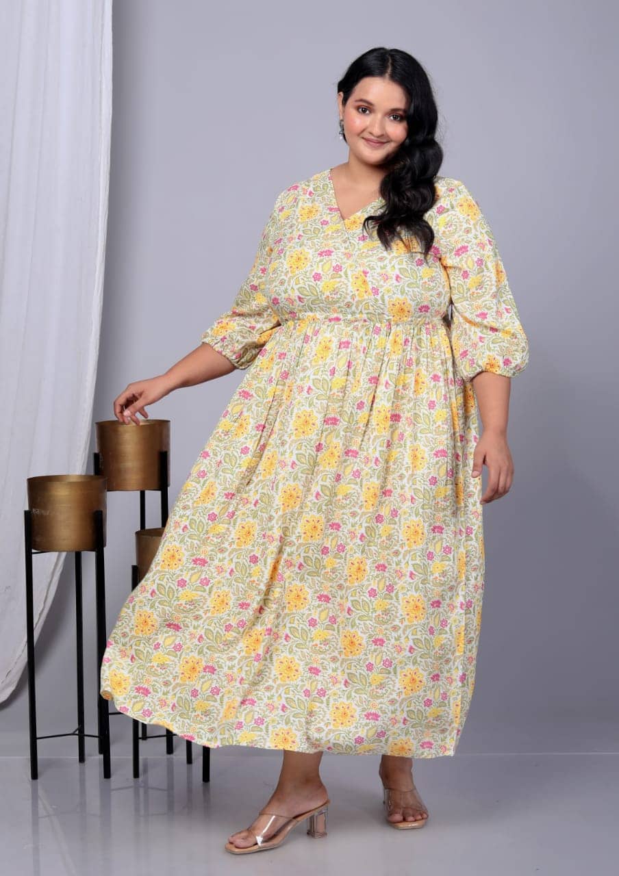 SUKTI Women Rayon Printed Fit & Flare Dress ( Yellow )