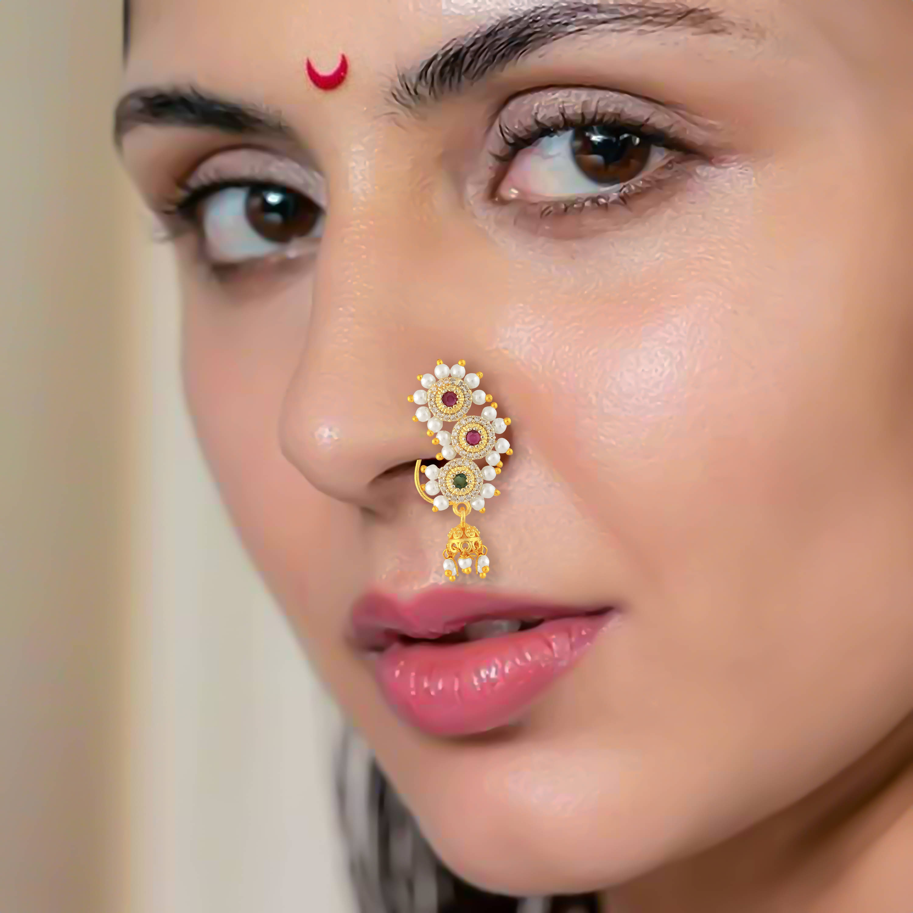 Traditional Maharashtrian Style Micron Plated CZ Nath Nose Ring For Women And Girls Traditional Maharashtrian Style Micron Plated CZ Nath Nose Ring For Women And Girls