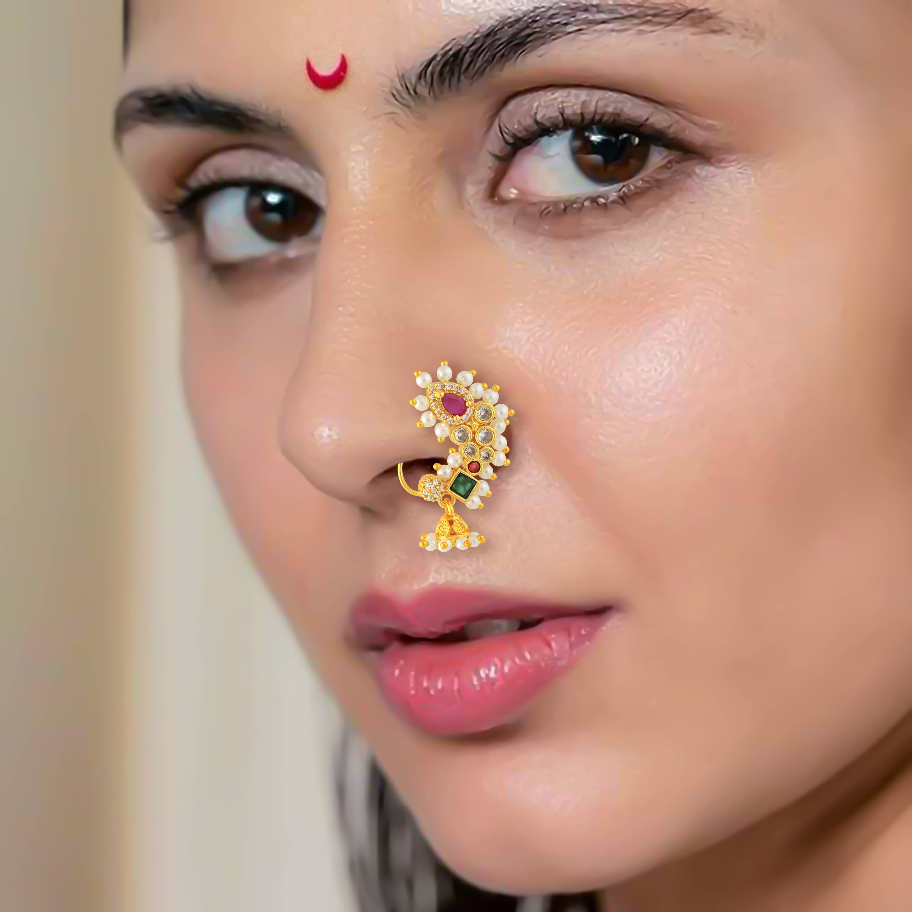 Traditional Maharashtrian Style Micron Plated CZ Nath Nose Ring For Women And Girls Traditional Maharashtrian Style Micron Plated CZ Nath Nose Ring For Women And Girls