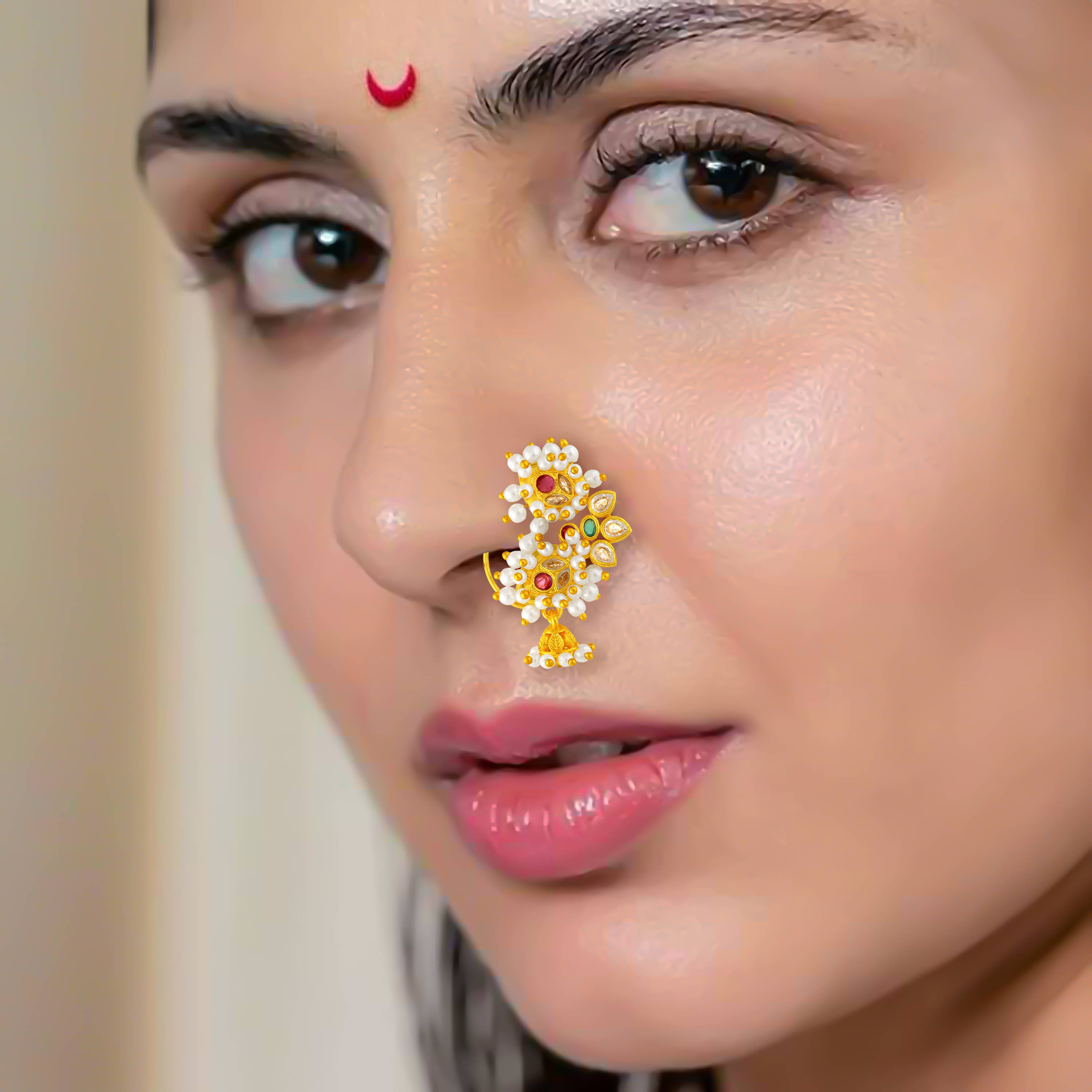 Traditional Maharashtrian Style Micron Plated CZ Nath Nose Ring For Women And Girls Traditional Maharashtrian Style Micron Plated CZ Nath Nose Ring For Women And Girls