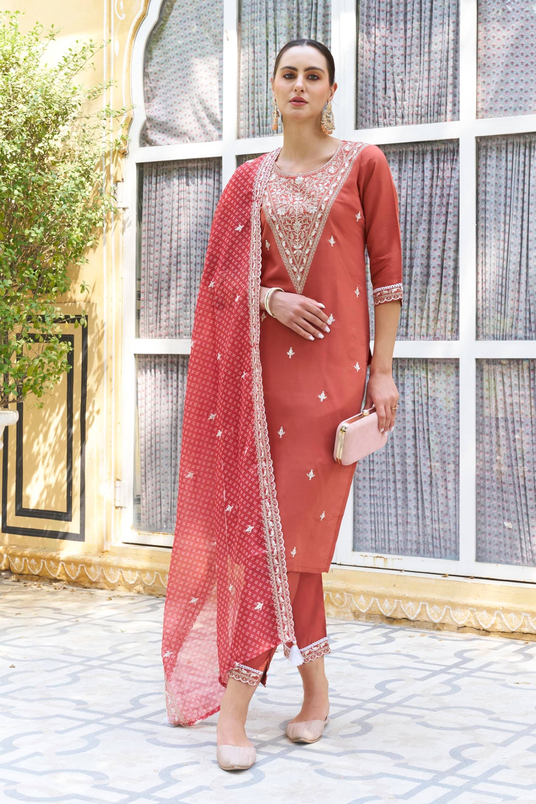     			VredeVogel Silk Blend Embroidered Kurti With Pants Women's Stitched Salwar Suit - Peach ( Pack of 1 )