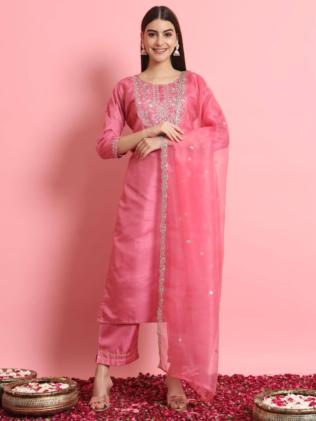 VredeVogel Silk Blend Embroidered Kurti With Pants Women's Stitched Salwar Suit - Pink ( Pack of 1 ) VredeVogel Silk Blend Embroidered Kurti With Pants Women's Stitched Salwar Suit - Pink ( Pack of 1 )