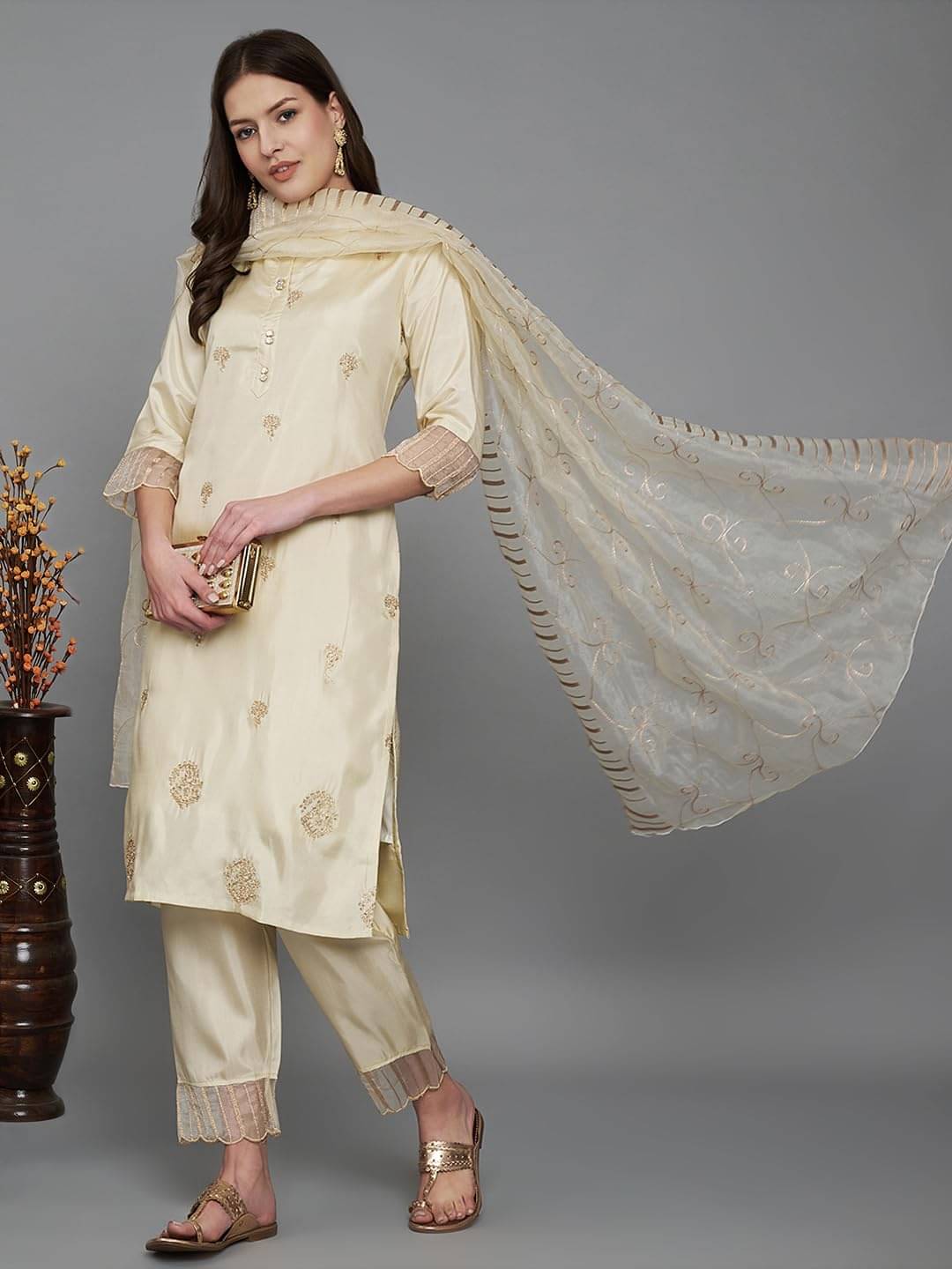     			VredeVogel Silk Blend Embroidered Kurti With Pants Women's Stitched Salwar Suit - Beige ( Pack of 1 )