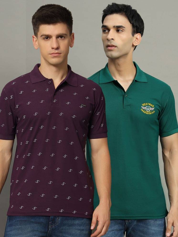     			WESTMAN Pack of 2 Cotton Blend Regular Fit Printed Half Sleeves Men's Polo T Shirt ( Mint Green )