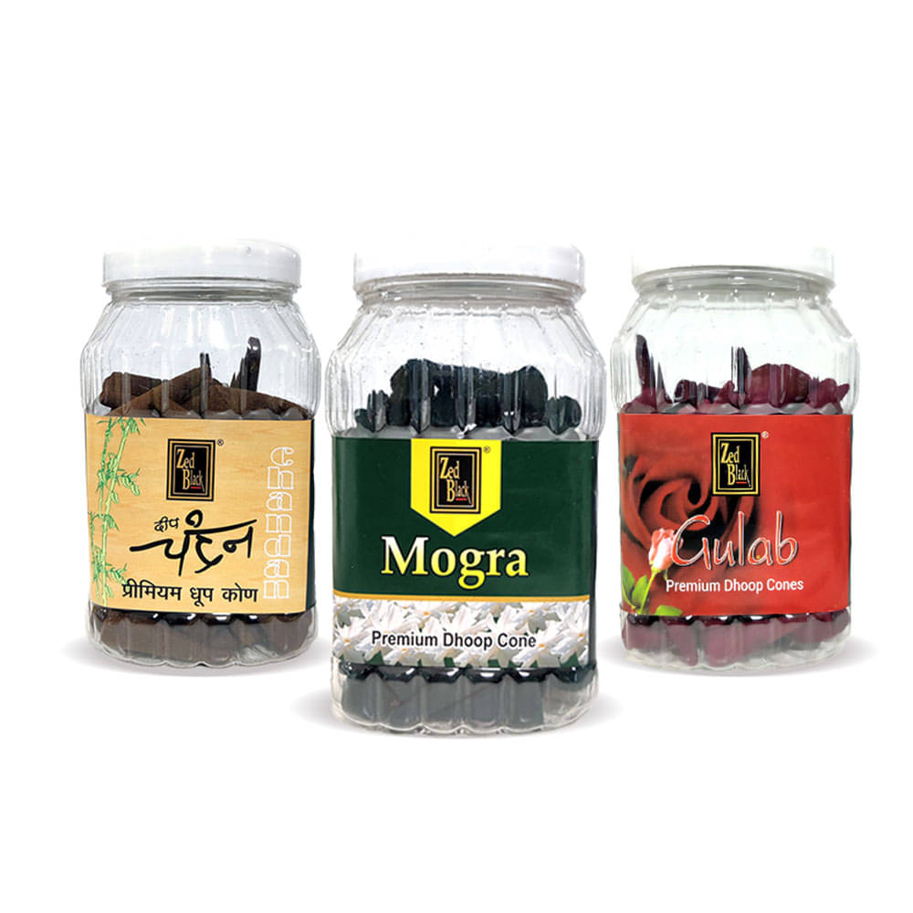     			Zed Black Premium Dhoop Cone Jar Large Mogra, Chandan & Gulab) (Pack of 3)