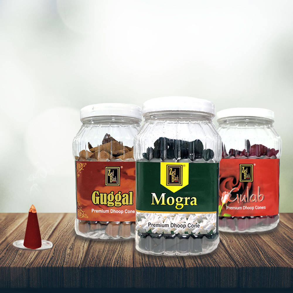 Zed Black Premium Dhoop Cone Jar Large Mogra, Gulab & Guggal) (Pack of 3) Zed Black Premium Dhoop Cone Jar Large Mogra, Gulab & Guggal) (Pack of 3)