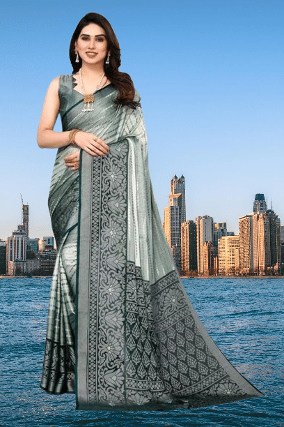     			mahalaxmi fab Brasso Printed Saree With Unstitched Blouse Piece ( Green,Grey )