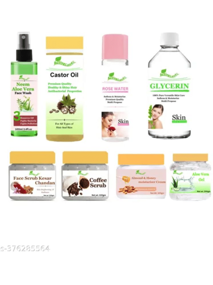 Activeland Neem alovera face wash 100ml, castor hair oil 100ml Gulab jal 100 ml , Glycerine 100ml ,Kesar chandan scrub 100gm, cofee scrub 100gm, Honey Almond cream 100gm alovera gel 200gm skin kit Activeland Neem alovera face wash 100ml, castor hair oil 100ml Gulab jal 100 ml , Glycerine 100ml ,Kesar chandan scrub 100gm, cofee scrub 100gm, Honey Almond cream 100gm alovera gel 200gm skin kit