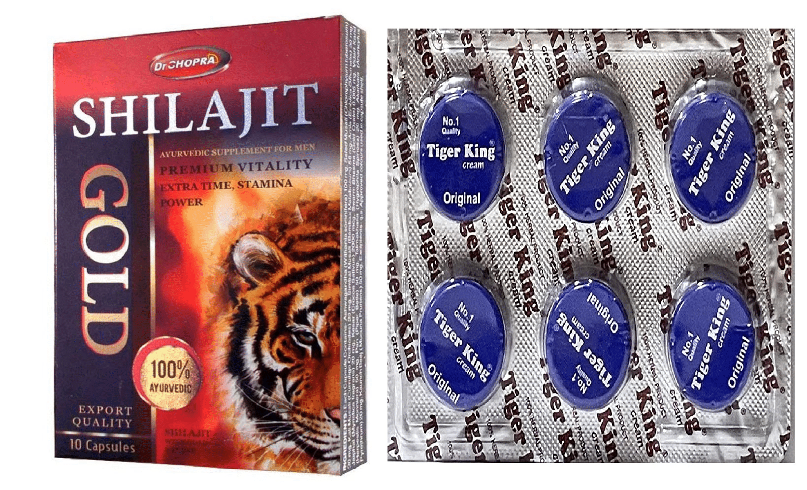 Ayurvedic Shilajit 10 Capsules And Tiger king cream for men time booster blue pack of 1 tiger king ( Total 6 in a pack ) Ayurvedic Shilajit 10 Capsules And Tiger king cream for men time booster blue pack of 1 tiger king ( Total 6 in a pack )