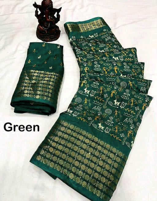     			Bhuwal Fashion Art Silk Printed Saree With Unstitched Blouse Piece ( Green )