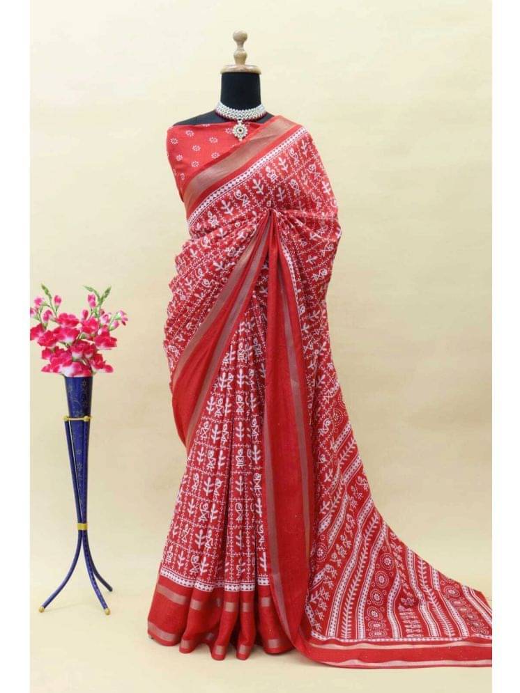     			Bhuwal Fashion Art Silk Printed Saree With Unstitched Blouse Piece ( Red )